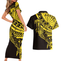 Yellow Marquesas Islands Couples Matching Short Sleeve Bodycon Dress and Hawaiian Shirt Marquesan Matatiki Hammerhead Shark Patutiki - Polynesian Pride