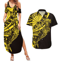 Yellow Marquesas Islands Couples Matching Summer Maxi Dress and Hawaiian Shirt Marquesan Matatiki Hammerhead Shark Patutiki - Polynesian Pride