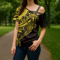 Yellow Marquesas Islands Cross Shoulder Shirt Marquesan Matatiki Hammerhead Shark Patutiki - Polynesian Pride