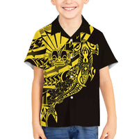 Yellow Marquesas Islands Family Matching Puletasi and Hawaiian Shirt Marquesan Matatiki Hammerhead Shark Patutiki - Polynesian Pride