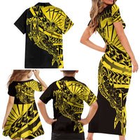 Yellow Marquesas Islands Family Matching Short Sleeve Bodycon Dress and Hawaiian Shirt Marquesan Matatiki Hammerhead Shark Patutiki - Polynesian Pride