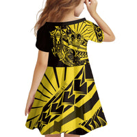 Yellow Marquesas Islands Kid Short Sleeve Dress Marquesan Matatiki Hammerhead Shark Patutiki - Polynesian Pride