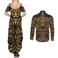 Austral Islands Couples Matching Summer Maxi Dress and Long Sleeve Button Shirt Tuhaa Pae Penu Stars Necklace Gold - Polynesian Pride