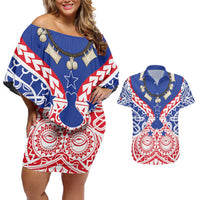 Austral Islands Couples Matching Off Shoulder Short Dress and Hawaiian Shirt Tuhaa Pae Penu Stars Necklace Red - Polynesian Pride