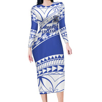 Personalised Samoa St Josephs College Family Matching Long Sleeve Bodycon Dress and Hawaiian Shirt Marist Brothers Samoan Pattern LT14 Mom's Dress Blue - Polynesian Pride