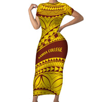 Personalised Samoa College Family Matching Short Sleeve Bodycon Dress and Hawaiian Shirt Samoan Pattern LT14 Mom's Dress Gold - Polynesian Pride
