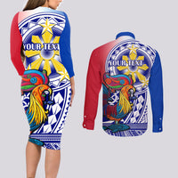 Personalised Philippines Couples Matching Long Sleeve Bodycon Dress and Long Sleeve Button Shirt Filipino Sarimanok With Polynesian Tattoo LT14 - Polynesian Pride