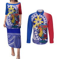 Personalised Philippines Couples Matching Puletasi Dress and Long Sleeve Button Shirt Filipino Sarimanok With Polynesian Tattoo LT14 Blue - Polynesian Pride