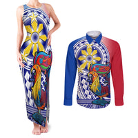 Personalised Philippines Couples Matching Tank Maxi Dress and Long Sleeve Button Shirt Filipino Sarimanok With Polynesian Tattoo LT14 Blue - Polynesian Pride
