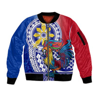 Personalised Philippines Sleeve Zip Bomber Jacket Filipino Sarimanok With Polynesian Tattoo LT14 Unisex Blue - Polynesian Pride