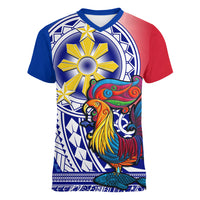 Personalised Philippines Women V Neck T Shirt Filipino Sarimanok With Polynesian Tattoo LT14 Female Blue - Polynesian Pride