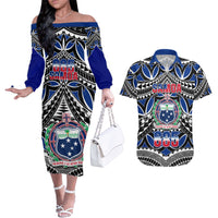 Samoa 685 Couples Matching Off The Shoulder Long Sleeve Dress and Hawaiian Shirt Samoan Coat Of Arms Simple Style LT14 Blue - Polynesian Pride