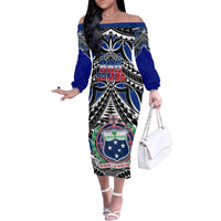 Samoa 685 Family Matching Off Shoulder Long Sleeve Dress and Hawaiian Shirt Samoan Coat Of Arms Simple Style LT14 Mom's Dress Blue - Polynesian Pride