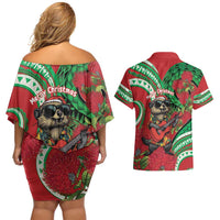 Mele Kalikimaka Hawaii Couples Matching Off Shoulder Short Dress and Hawaiian Shirt Mongoose Santa With Ohia Lehua