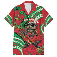 Mele Kalikimaka Hawaii Family Matching Tank Maxi Dress and Hawaiian Shirt Mongoose Santa With Ohia Lehua LT14 Dad's Shirt - Short Sleeve Red - Polynesian Pride