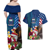 United States And Samoa Couples Matching Off Shoulder Maxi Dress and Hawaiian Shirt USA Flag Eagle Mix Samoan Coat Of Arms LT14 - Polynesian Pride
