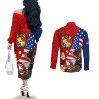 United States And Tonga Couples Matching Off The Shoulder Long Sleeve Dress and Long Sleeve Button Shirt USA Flag Eagle Mix Tongan Coat Of Arms Ngatu Pattern LT14 - Polynesian Pride