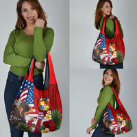 United States And Tonga Grocery Bag USA Flag Eagle Mix Tongan Coat Of Arms Ngatu Pattern