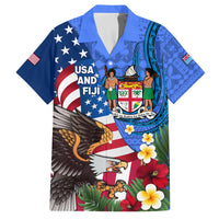 United States And Fiji Family Matching Off Shoulder Long Sleeve Dress and Hawaiian Shirt USA Flag Eagle Mix Fijian Coat Of Arms Tapa Pattern LT14 Dad's Shirt - Short Sleeve Blue - Polynesian Pride
