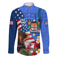 United States And Fiji Family Matching Short Sleeve Bodycon Dress and Hawaiian Shirt USA Flag Eagle Mix Fijian Coat Of Arms Tapa Pattern LT14 Dad's Shirt - Long Sleeve Blue - Polynesian Pride