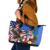 United States And Fiji Leather Tote Bag USA Flag Eagle Mix Fijian Coat Of Arms Tapa Pattern LT14 Blue - Polynesian Pride