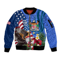 United States And Fiji Sleeve Zip Bomber Jacket USA Flag Eagle Mix Fijian Coat Of Arms Tapa Pattern LT14 Unisex Blue - Polynesian Pride
