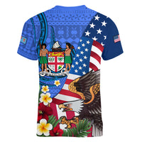 United States And Fiji Women V Neck T Shirt USA Flag Eagle Mix Fijian Coat Of Arms Tapa Pattern LT14 - Polynesian Pride