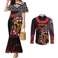 Cook Islands ANZAC Day Couples Matching Mermaid Dress and Long Sleeve Button Shirt Poppies With Sea Turtle LT14 Red - Polynesian Pride