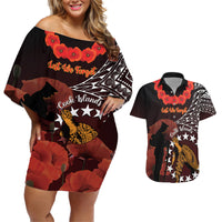 Cook Islands ANZAC Day Couples Matching Off Shoulder Short Dress and Hawaiian Shirt Poppies With Sea Turtle LT14 Red - Polynesian Pride