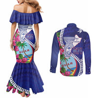 Biba Guam Liberation Day Couples Matching Mermaid Dress and Long Sleeve Button Shirt Tano y Chamoru Latte Stone Blue