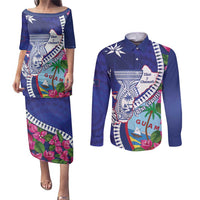 Biba Guam Liberation Day Couples Matching Puletasi and Long Sleeve Button Shirt Tano y Chamoru Latte Stone Blue
