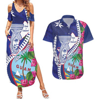 Biba Guam Liberation Day Couples Matching Summer Maxi Dress and Hawaiian Shirt Tano y Chamoru Latte Stone Blue