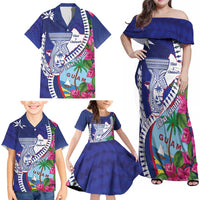 Biba Guam Liberation Day Family Matching Off Shoulder Maxi Dress and Hawaiian Shirt Tano y Chamoru Latte Stone Blue