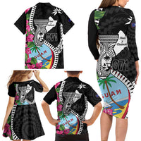 Biba Guam Liberation Day Family Matching Long Sleeve Bodycon Dress and Hawaiian Shirt Tano y Chamoru Latte Stone Black