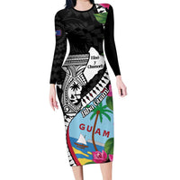 Biba Guam Liberation Day Family Matching Long Sleeve Bodycon Dress and Hawaiian Shirt Tano y Chamoru Latte Stone Black