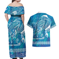 Kuri Dog Waka New Zealand Matariki Couples Matching Off Shoulder Maxi Dress and Hawaiian Shirt Ocean Sharks Maori Tattoo