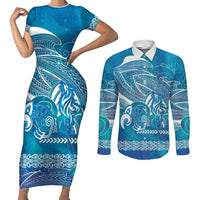 Kuri Dog Waka New Zealand Matariki Couples Matching Short Sleeve Bodycon Dress and Long Sleeve Button Shirt Ocean Sharks Maori Tattoo