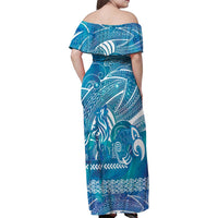 Kuri Dog Waka New Zealand Matariki Family Matching Off Shoulder Maxi Dress and Hawaiian Shirt Ocean Sharks Maori Tattoo