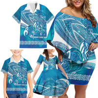 Kuri Dog Waka New Zealand Matariki Family Matching Off Shoulder Short Dress and Hawaiian Shirt Ocean Sharks Maori Tattoo