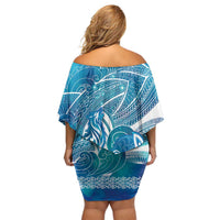 Kuri Dog Waka New Zealand Matariki Family Matching Off Shoulder Short Dress and Hawaiian Shirt Ocean Sharks Maori Tattoo