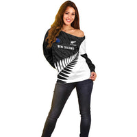 Personalised New Zealand Silver Fern Rugby Off Shoulder Sweater All Black Go Champions Maori Pattern LT14