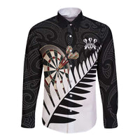Personalised New Zealand Darts Long Sleeve Button Shirt Silver Fern Aotearoa Maori Pattern LT14 Unisex Black - Polynesian Pride