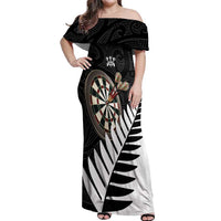 Personalised New Zealand Darts Off Shoulder Maxi Dress Silver Fern Aotearoa Maori Pattern - Polynesian Pride
