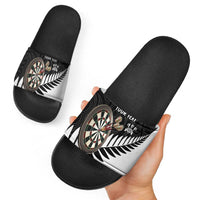 Personalised New Zealand Darts Slide Sandals Silver Fern Aotearoa Maori Pattern - Polynesian Pride