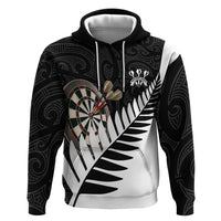 Personalised New Zealand Darts Zip Hoodie Silver Fern Aotearoa Maori Pattern LT14 Pullover Hoodie Black - Polynesian Pride