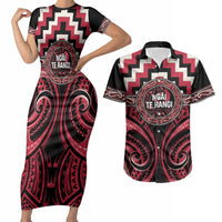 Aotearoa Ngai Te Rangi Personalised Couples Matching Short Sleeve Bodycon Dress and Hawaiian Shirt Maori Iwi Poutama Puhoro Tattoo LT14 Red - Polynesian Pride