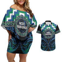 Aotearoa Ngati Ranginui Personalised Couples Matching Off Shoulder Short Dress and Hawaiian Shirt Maori Iwi Poutama Puhoro Tattoo LT14 Green - Polynesian Pride