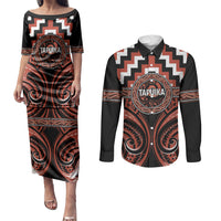 Aotearoa Tapuika Personalised Couples Matching Puletasi and Long Sleeve Button Shirt Maori Iwi Poutama Puhoro Tattoo LT14 Red - Polynesian Pride