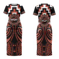 Aotearoa Tapuika Personalised Family Matching Short Sleeve Bodycon Dress and Hawaiian Shirt Maori Iwi Poutama Puhoro Tattoo LT14 Mom's Dress Red - Polynesian Pride