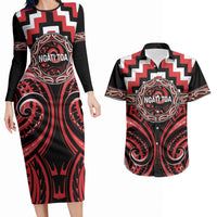 Aotearoa Ngati Toa Personalised Couples Matching Long Sleeve Bodycon Dress and Hawaiian Shirt Maori Iwi Poutama Puhoro Tattoo LT14 Red - Polynesian Pride